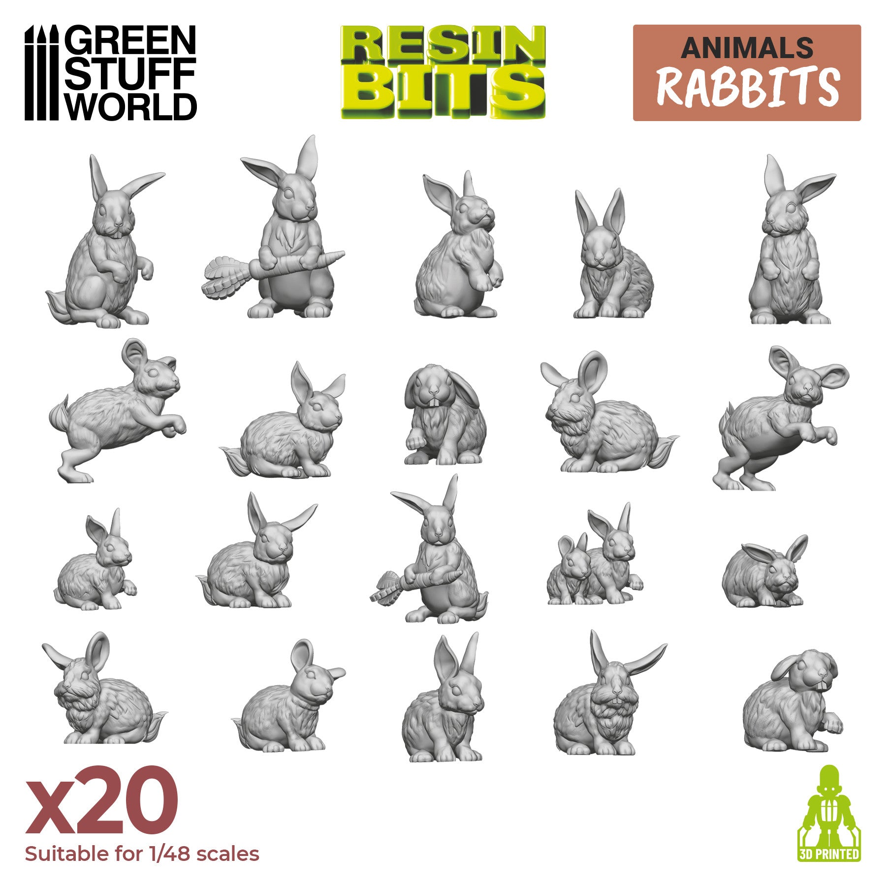 Miniature figures bunnies - Green Stuff World 3D printed set - Rabbits