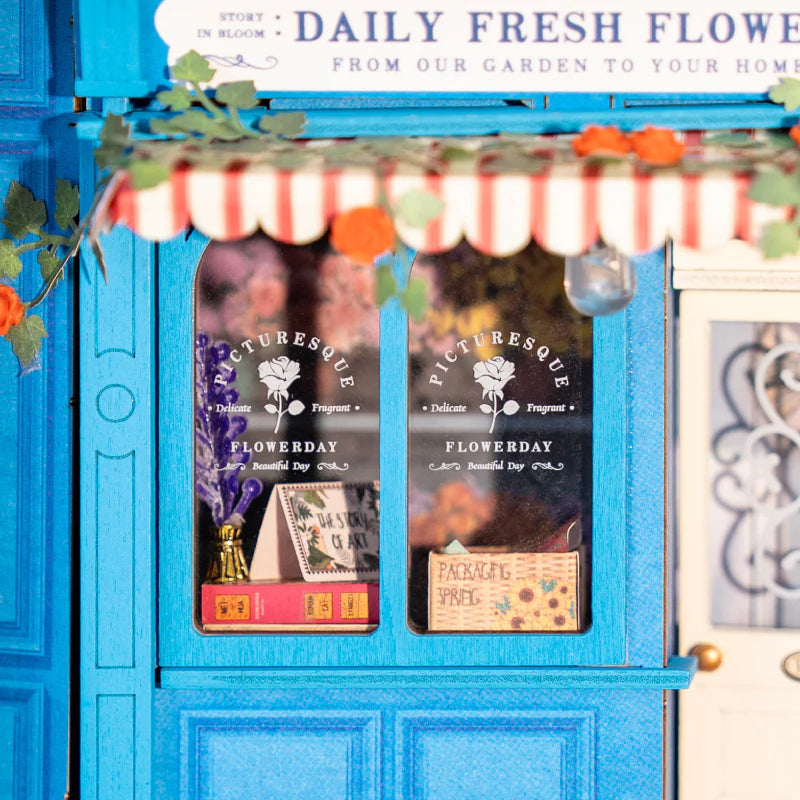 Detalj från book nook diorama byggsats Daily Fresh Flower från Robotime