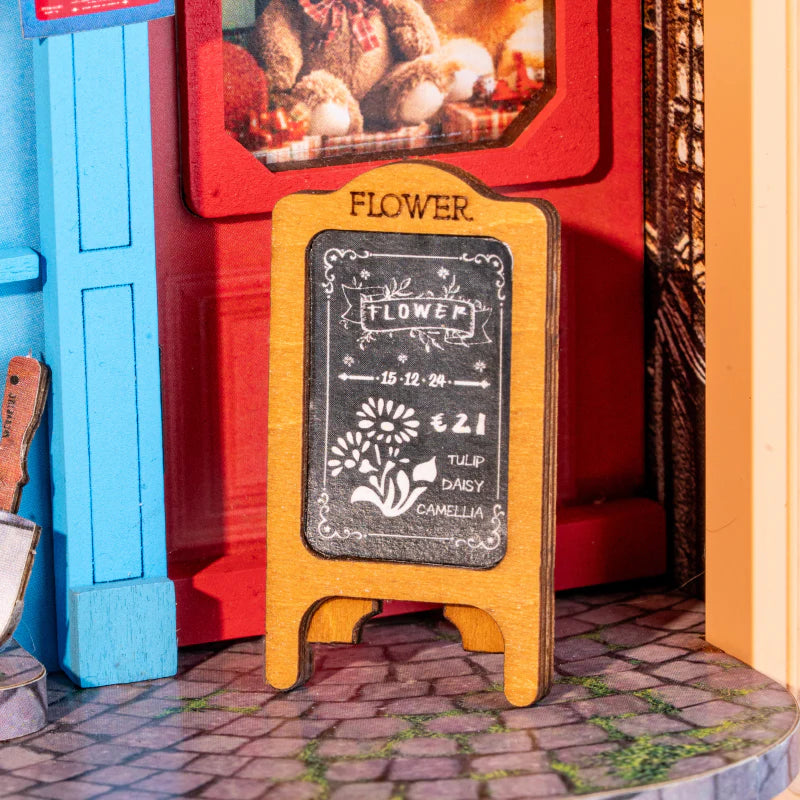 Detalj från book nook diorama byggsats Daily Fresh Flower från Robotime