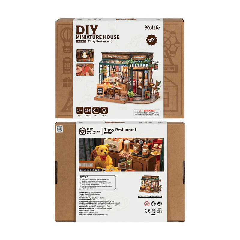 Robotime Tipsy Restaurant i sin förpackning, byggsats för dockskåp och diorama – en perfekt present för pyssliga och DIY-älskare