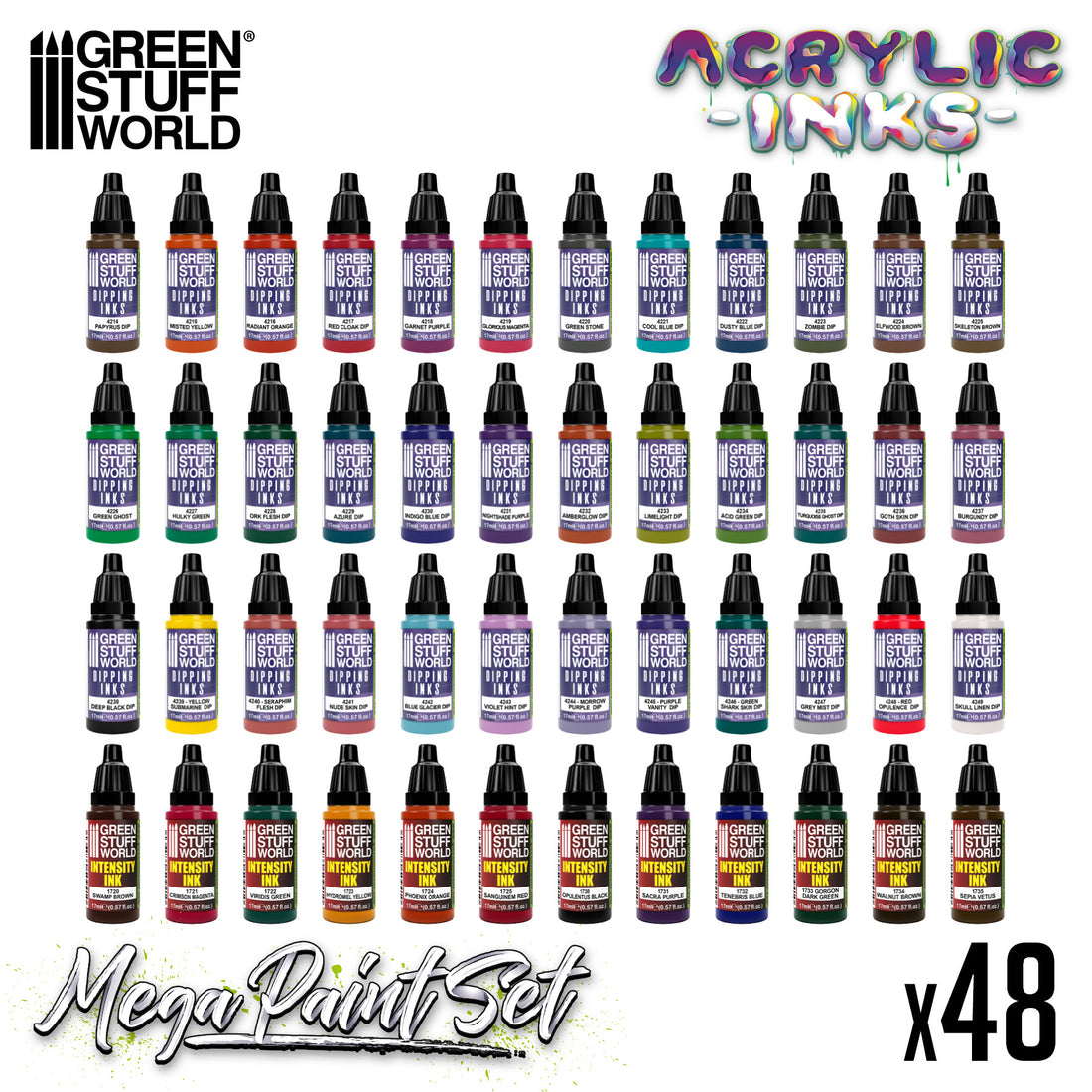 Dipping ink set från Green Stuff World med 48 flaskor washes, färger och ink