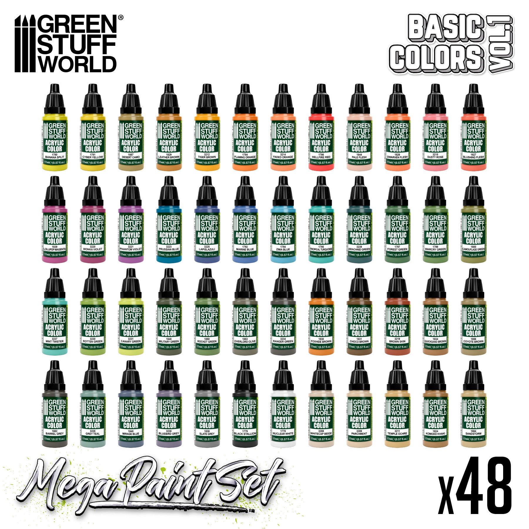 Basic Mega Paint Set Vol 1 (48x17ml) – komplett akrylfärg set för hobby, dioraman, warhammer, minifigurer