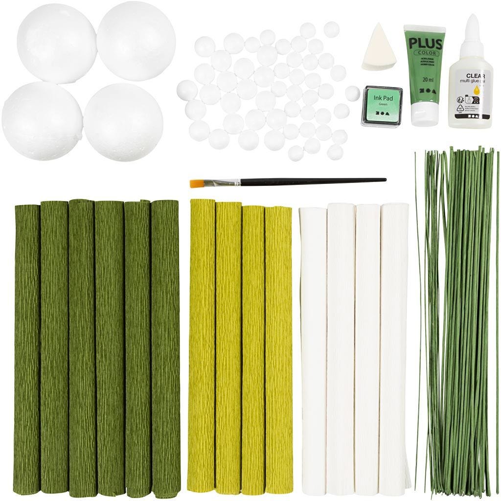 Hela innehållet i DIY setet: material till kräppappersblommor och bukett