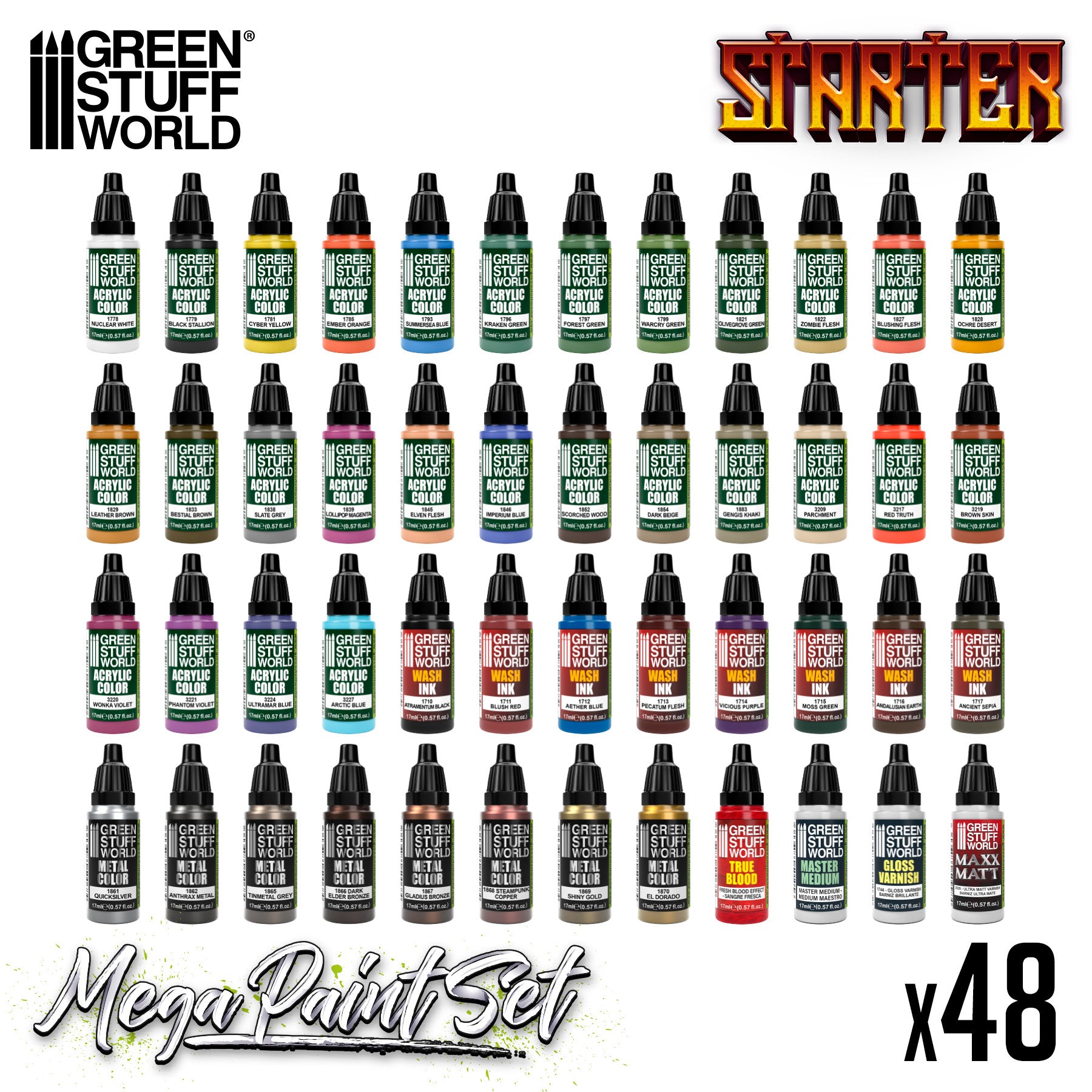 Starter Mega Paint Set Green Stuff World 48x17mm startset Warhammer akryl färg set